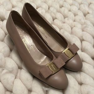 Salvatore Ferragamo Taupe Vara Bow Pumps with Gold Accent